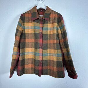 Company Ellen Tracy Womens Plaid Wool Shirt Jacket Button-Front Size 12 Brown